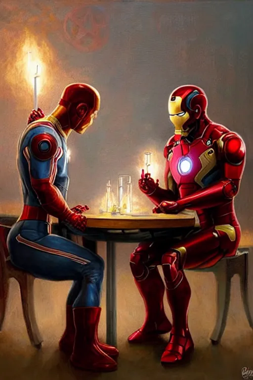 Image similar to iron man and captain america sit across from each other in a romantic restaurant, candlelit, style of greg rutkowski