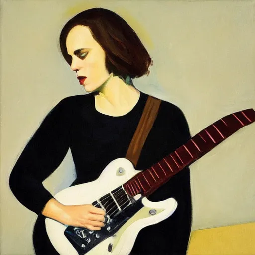 Image similar to Anna Calvi playing electric guitar, oil painting by Edward Hopper