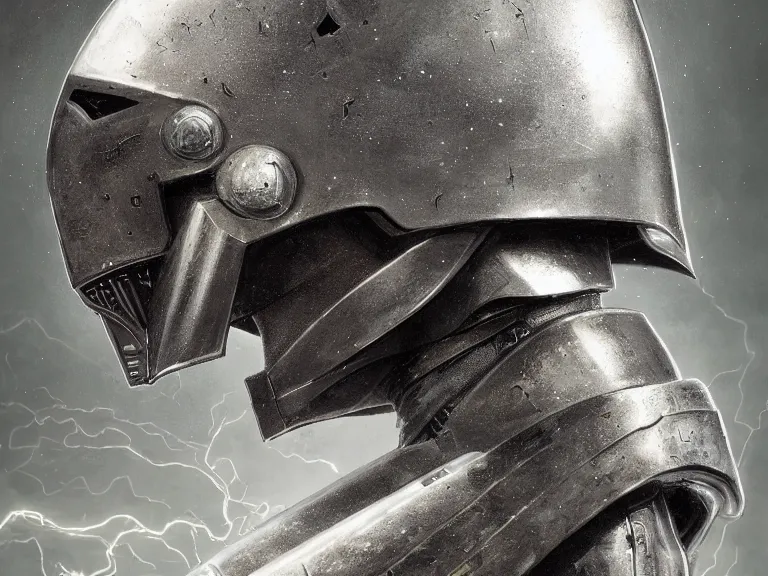 Image similar to a detailed profile painting of an elite shock trooper in silver knight inspired armour and visor. cinematic sci-fi poster. Cloth and metal. Welding, fire, flames, samurai Flight suit, accurate anatomy portrait symmetrical and science fiction theme with lightning, aurora lighting clouds and stars. Clean and minimal design by beksinski carl spitzweg giger and tuomas korpi. baroque elements. baroque element. intricate artwork by caravaggio. Oil painting. Trending on artstation. 8k