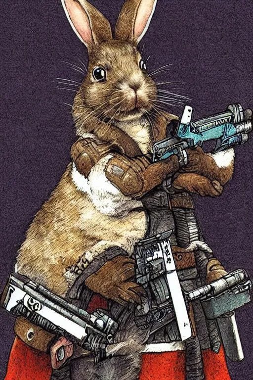 Image similar to cyberpunk rabbit with a shotgun, artwork by Beatrix Potter