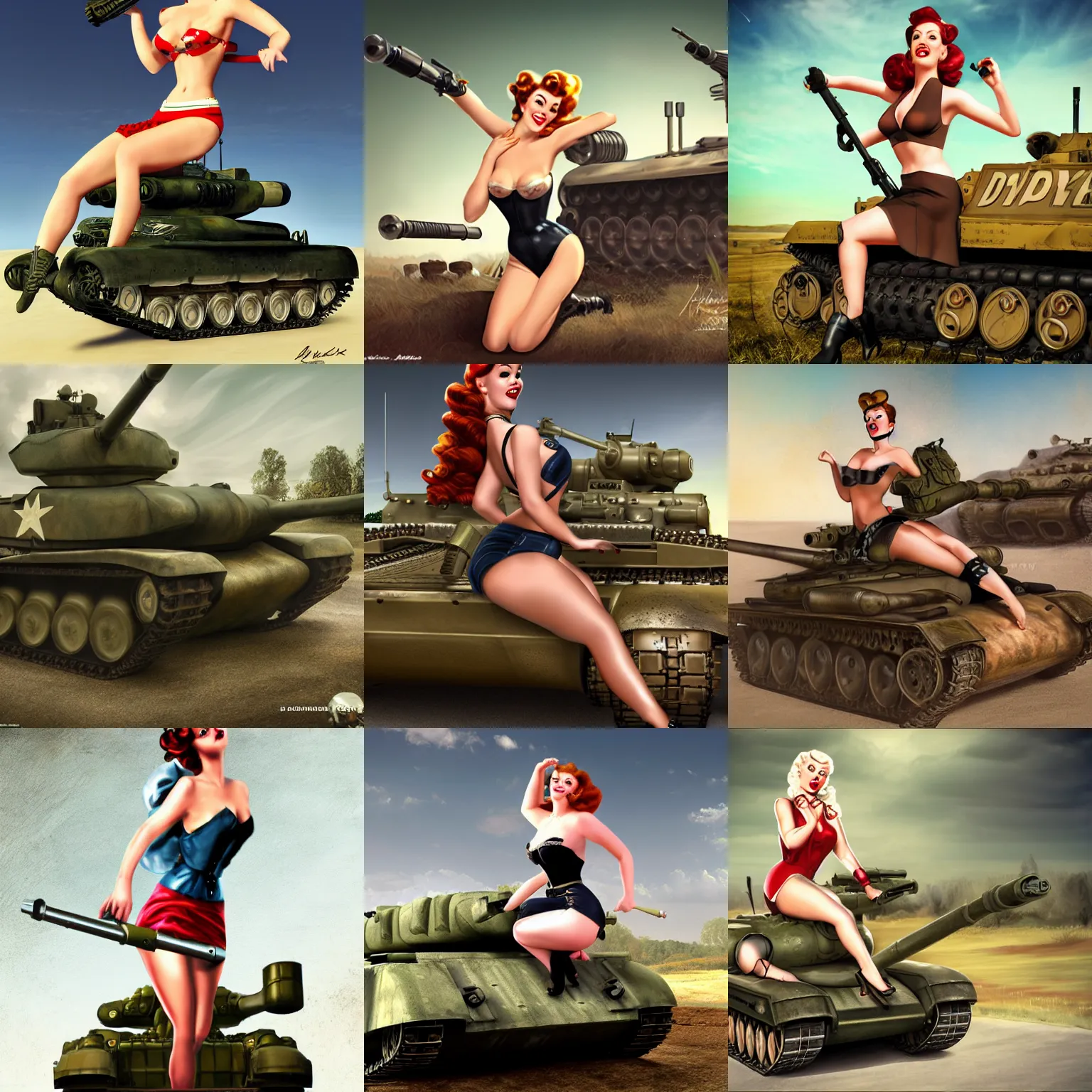 Prompt: pinup girl riding a tank, 8k, photorealistic, realistic lighting, deviant art,
