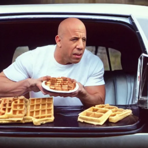 Image similar to movie still of vin diesel eating waffles in a car