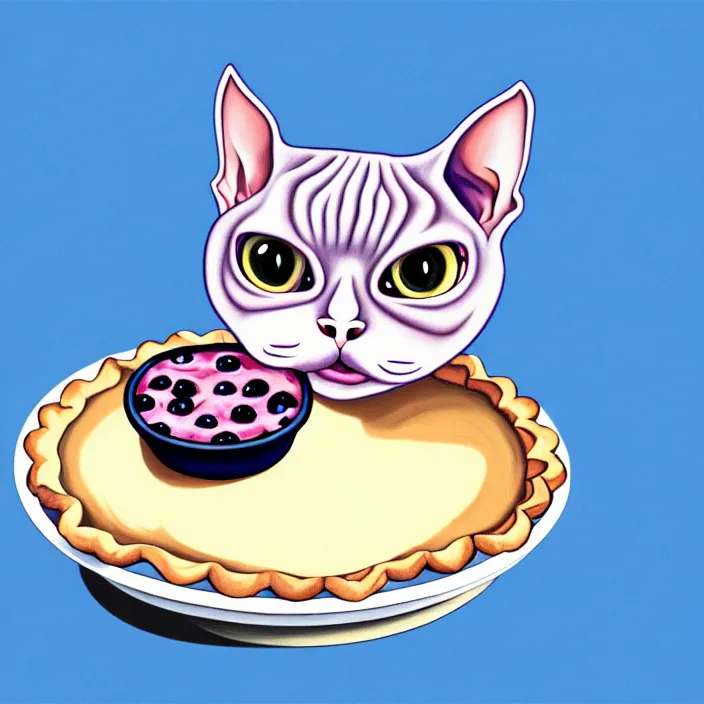 Prompt: a spherical anthropomorphic sphynx cat fursona with big eyes eating a slice of blueberry pie, round, fat, furry art, cute, oil on canvas, soft lighting