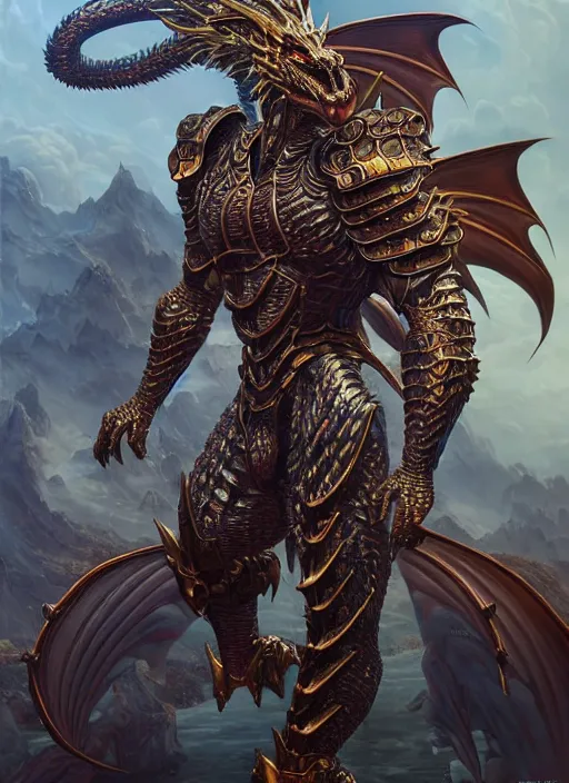 Image similar to muscular and tall humanoid dragon!!!! draconian!! intricate ornate iridescent heavy armor!! character concept art, sharp focus, octane render! unreal engine 5! highly rendered!! trending on artstation!! detailed linework!! illustration by artgerm, wlop, and chie yoshii