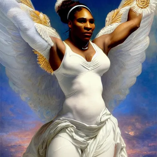 Prompt: full body portrait of serena williams as nike goddess with perfect hands, large wings, luxuriant, dreamy, eternity, romantic, strong pose, highly detailed, in the style of franz xaver winterhalter, highly detailed, in the style of aetherpunk