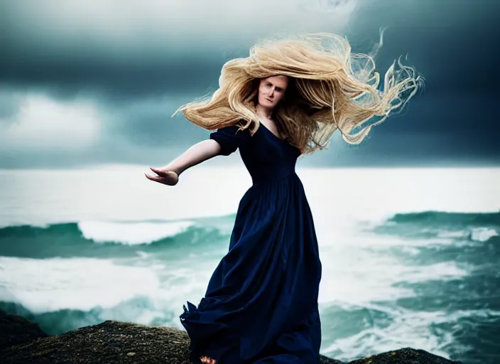 Image similar to cinestill 5 0 d half - length portrait photo portrait of a woman britt marling 3 / 4 style of nicholas fols, 1 5 0 mm, dress in voile, hair like dark clouds, hair in wind, head in focus, mute dramatic colours, soft blur outdoor stormy sea background, volumetric lighting, hyper detailed, hyper realistic