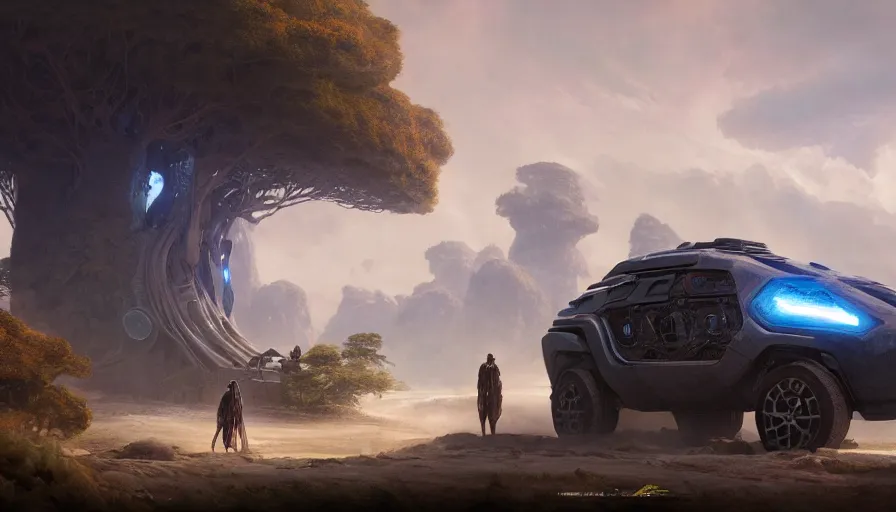 Image similar to a futuristic suv designed by ford driving through madagascar with baobabs trees, artgerm and greg rutkowski and alphonse mucha, an epic fantasy, volumetric light, detailed, establishing shot, an epic fantasy, trending on art station, octane render, midsommar