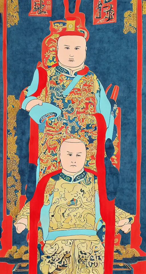 Image similar to Bobby Hill sits on his throne as emperor of Hill Dynasty China, ink and color on silk, imperial portrait