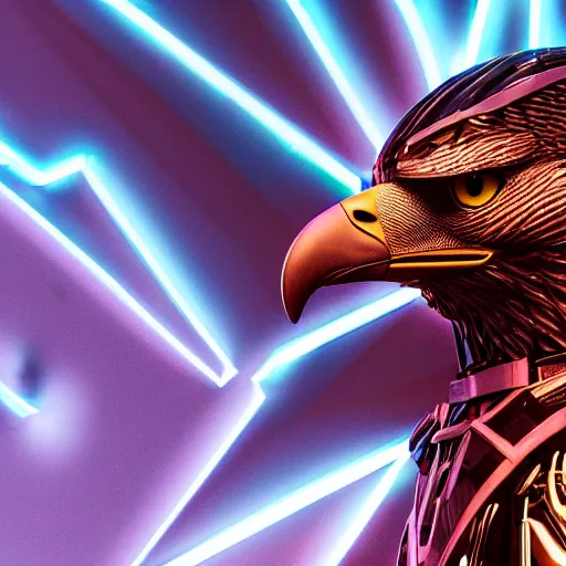 Prompt: close shot of an eagle in cybernetic armour, 3 d render, highly detailed, 8 k, intricate, trending on artstation, high contrast, volumetric light, raycasting, bright neon colours