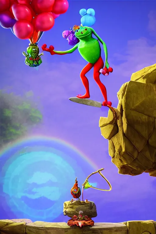 Image similar to clown frog king pulls the sword from the stone, clown frog king wearing clown makeup and rainbow wig, clown crown artwork by Todd Schorr, 3D rendering by Beeple