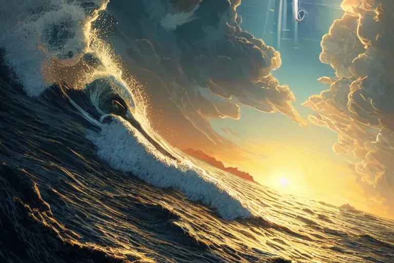 Image similar to detailed intricate digital illustration by greg rutkowski and artgerm and wlop and sanford robinson gifford ; nuclear bomb radiating bright, blinding lens flare across the horizon of a serene ocean, beautiful, glistening water and waves ; 1 3 mm film, arri alfa anamorphic lens, golden hour lighting ; sharp focus ; trending on artstation 8 k