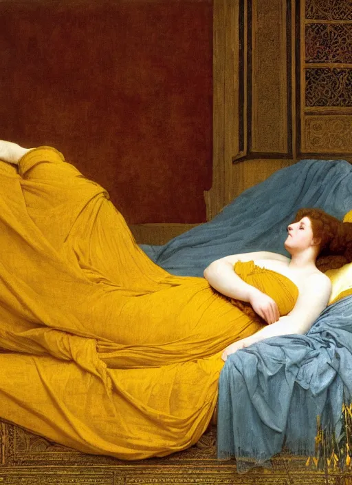 Image similar to masterpiece portrait of lady reclining on bed, flowing cloth floating in the wind, wearing yellow ochre ornate medieval dress, vertical, foreshortening, colour photography by frederic leighton, william morris, 8 k