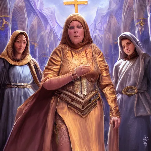 Prompt: powerful female wizard, surrounded by religious followers, featured on artstation, 8k highly detailed, intricate oil painting, concept art, photorealistic, 3d