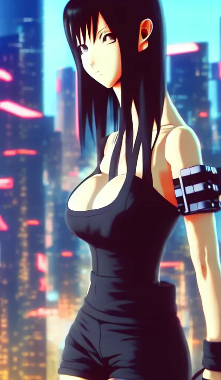 Image similar to anime fine details portrait of Tifa Lockhart in front of cyberpunk moder city landscape on the background deep bokeh, close-up view, anime masterpiece by Studio Ghibli. 8k, sharp high quality anime, artstation