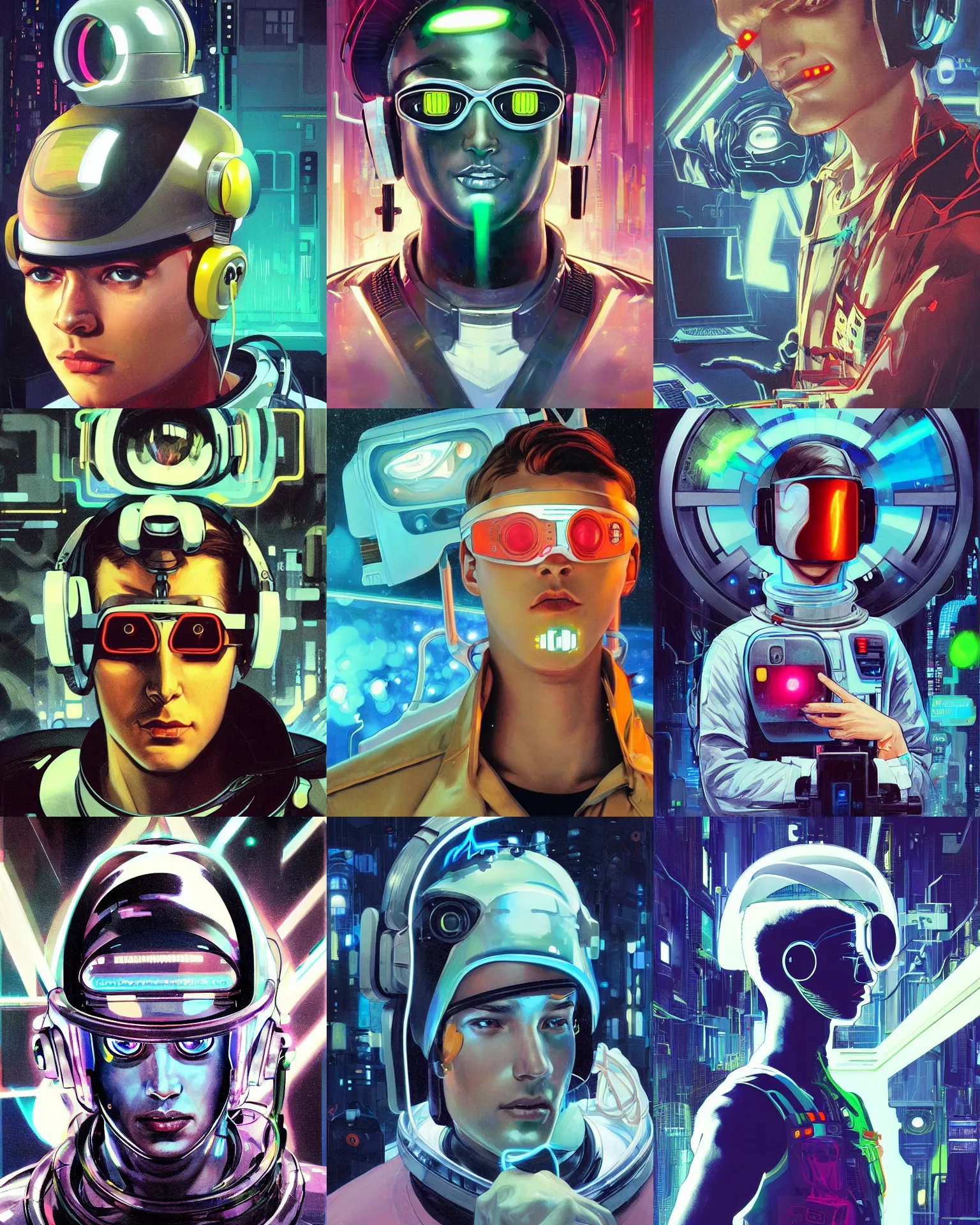 Prompt: future coder man looking on, sleek cyclops display over eyes and sleek bright headphoneset, neon accent lights, desaturated headshot portrait painting by dean cornwall, will eisner, john berkey, tom whalen, alex grey, alphonse mucha, donoto giancola, astronaut cyberpunk electric fashion photography