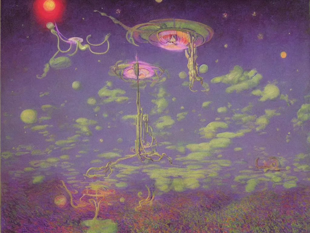 Prompt: psychedelics dream bot mothership over the former species. painting by monet, walton ford, wayne barlowe, agnes pelton, rene magritte