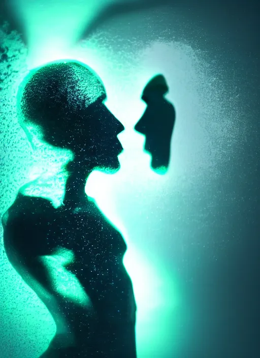 Image similar to crystallized human silhouette, large diffused glowing aura, long exposure, film grain, cinematic lighting, concept art, maximum detail, cgsociety, underwater, reflections, mirror, refraction