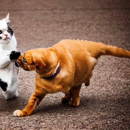 Prompt: a cat fighting a dog, professional photography