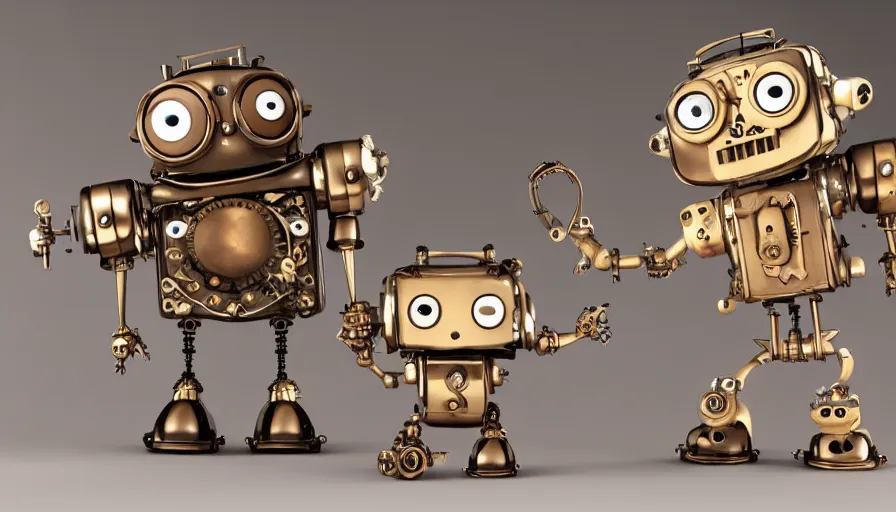 Prompt: two cute steampunk robots with human skin and large eyes smiling and waving, isolated on white background, 3D occlusion