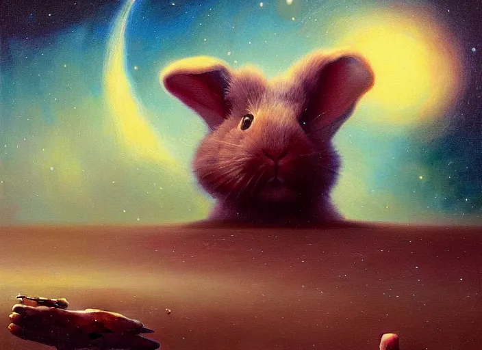 Prompt: portrait painting of nebula universe, cute rabbit, spaceship, science fiction, sharp focus, super resolution, style by edward hopper and james gille ard zzislaw beksinski, highly detailed