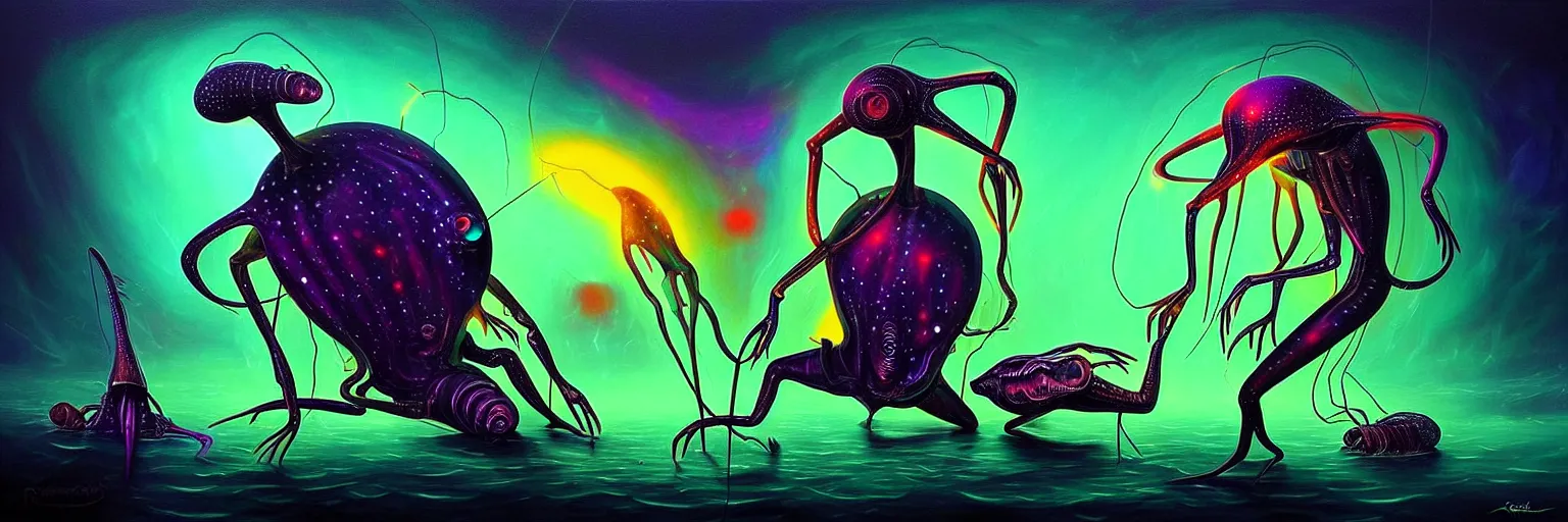 Image similar to strange alien plankton creatures from the depths of the collective unconscious, dramatic lighting, surreal darkly colorful painting by ronny khalil