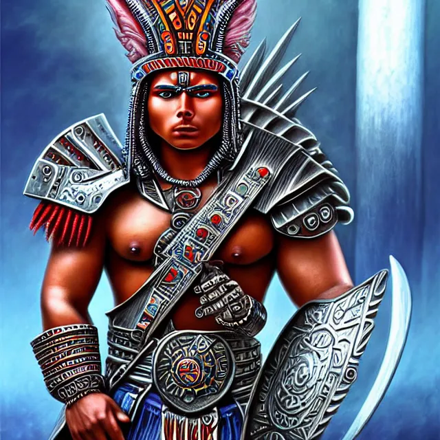 Image similar to futuristic aztec warrior, highly detailed, 4 k, hdr, smooth, sharp focus, high resolution, award - winning photo, illustrated by anne stokes, photorealistic