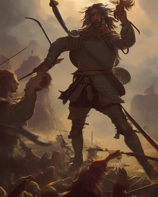 Image similar to ultrarealistic portrait of a spanish conquistador in battle, by daniel zrom and mingchen shen, studio ghibli color scheme, detailed, handsome, anatomy, sharp focus, photography, magic : the gathering, octane, cinematic lighting, facial features, jungle, clear face, golden ratio, tarot card