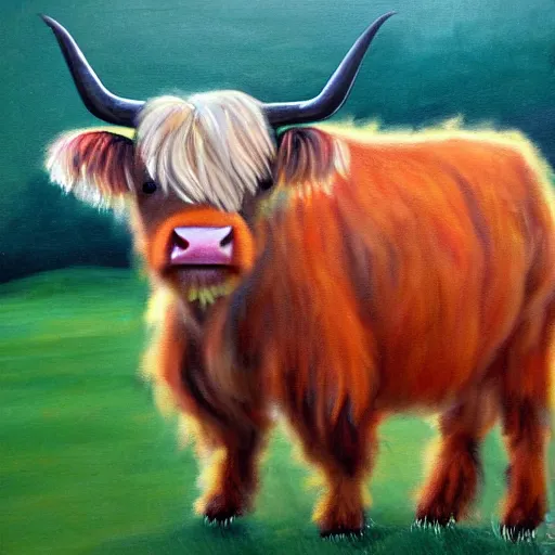 Prompt: cute baby scottish highland cow mucklecoo with long shaggy orange fur detailed painting 4k