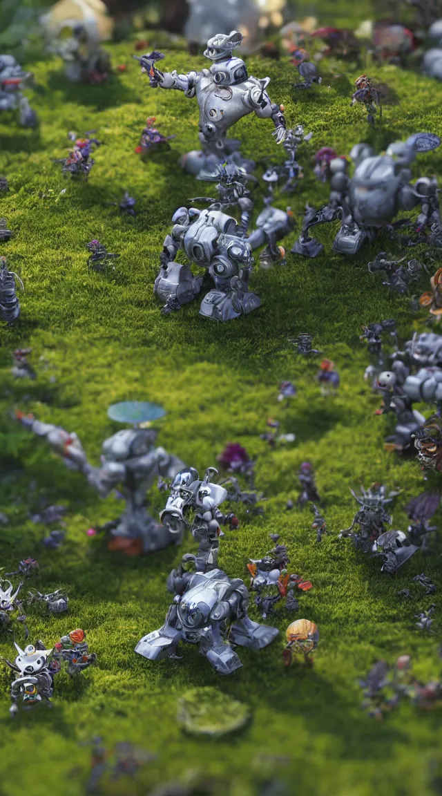 Image similar to tiny robots in a garden, hyper detailed, sharp focus, bokeh, unreal engine, ray tracing, cute, fantasy, sci fi