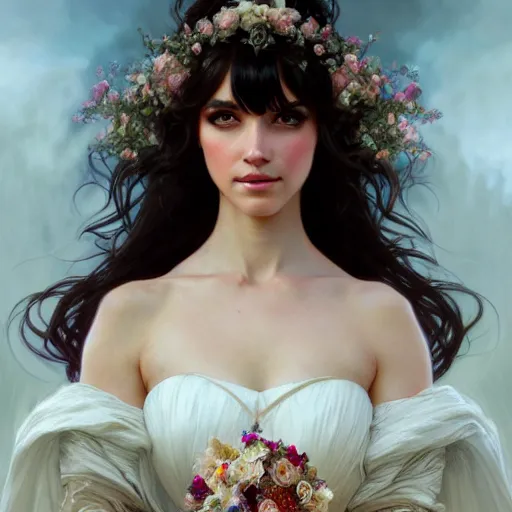 Image similar to a beautiful girl with dark hair and bangs, wearing a wedding dress, royal gardens background, fantasy, intricate, elegant, highly detailed, digital painting, artstation, concept art, matte, sharp focus, illustration, art by Artgerm and Greg Rutkowski and Alphonse Mucha