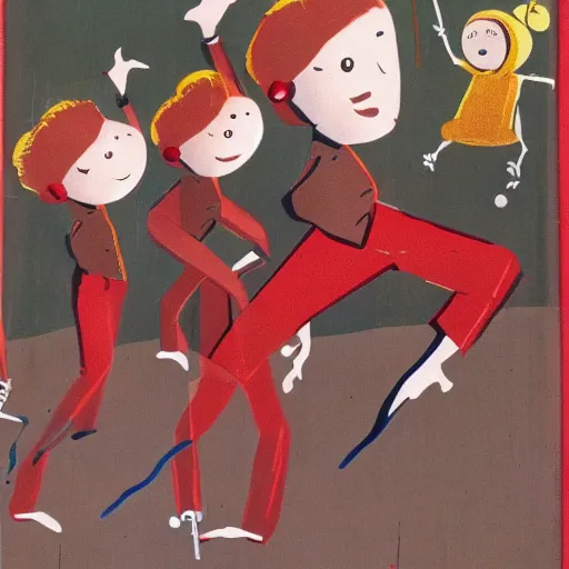 Prompt: marionettes dance so wildly with such great abandon, 1960s children book illustration