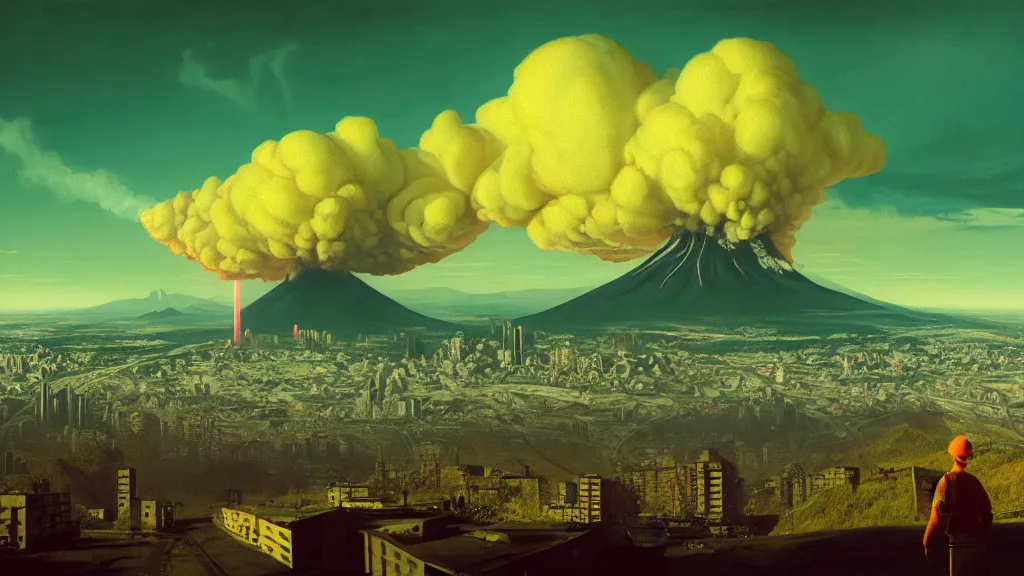 Image similar to Nuclear Fallout towering over the town of Quito by Simon Stålenhag and J.M.W. Turner, oil on canvas; Art Direction by Adam Adamowicz; 4K, 8K; Ultra-Realistic Depth Shading