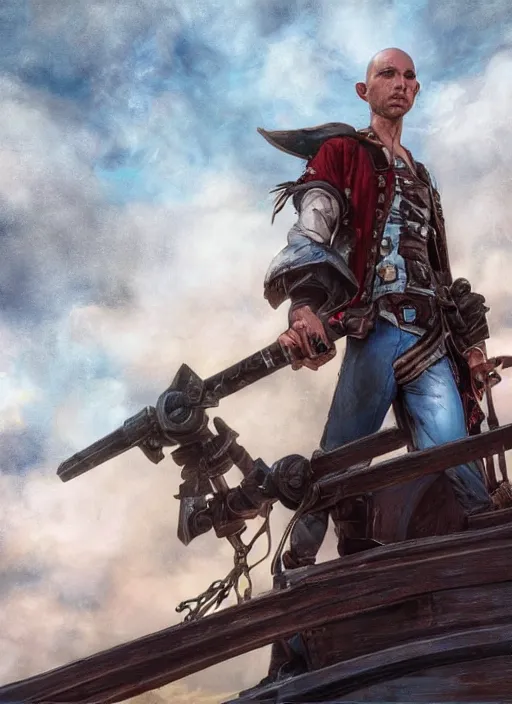 Image similar to An epic fantasy comic book style portrait painting of a skinny white bald sky-pirate with a goofy expression sitting in front of a ship's cannon, unreal 5, DAZ, hyperrealistic, octane render, cosplay, RPG portrait, dynamic lighting