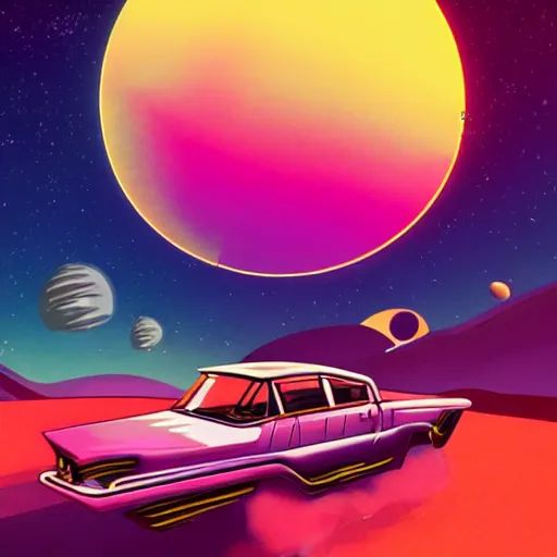 Image similar to 1960s car on a road in space driving towards a planet, synthwave