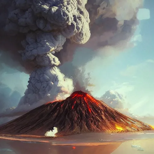 Prompt: a volcano erupting marshmallows on an island, highly detailed, concept art, art by wlop and artgerm and greg rutkowski, masterpiece, trending on artstation, 8 k