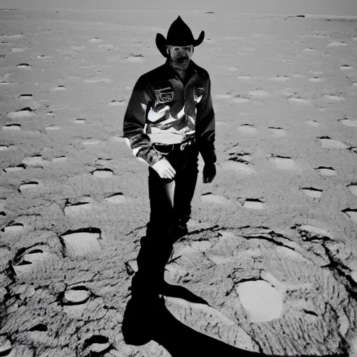 Prompt: a cowboy standing on the surface of the moon, 5 0 mm