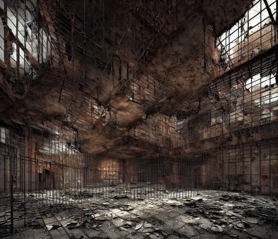 Image similar to An underground very dark dingy multi-layered structure of rusted iron bars, chain-link fencing and peeling walls with many floors. Inside view, collapsed floors, bent rusted iron, masterpiece, corners, cinematic, hyperdetailed, photorealistic, hyperrealism, octane rendering, 8k, depth of field, bokeh, architecture, shadows, art by Zdzisław Beksiński, Arthur Rackham, Dariusz Zawadzki