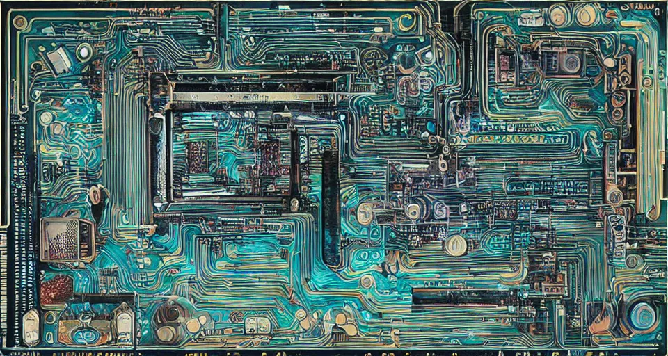 Prompt: distant product photography framing. digitally painted render of a small square fantasy vacuum - tube motherboard made and powered by crystalline circuitry. trending on artstation. artificer's lab bg. premium print by angus mckie and james gurney. bismuth materials