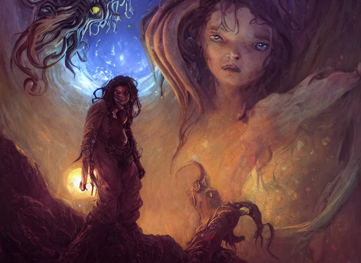 Image similar to my bed giant cthulhu children afraid in the dark moon light by gaston bussiere, anna nikonova aka newmilky, yoji shinkawa, yoshitaka amano, tsutomu niehi, trending on artstation, featured on pixiv, cinematic composition, 8 k