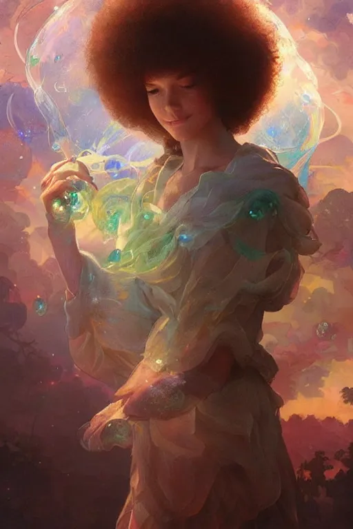 Image similar to bob ross, dreamy and ethereal,, fantasy, intricate, elegant, rainbow bubbles, highly detailed, digital painting, artstation, concept art, smooth, sharp focus, illustration, art by artgerm and greg rutkowski and alphonse mucha