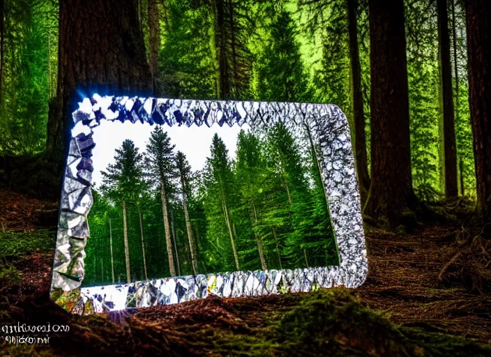 Image similar to photo of a crystal mirror that is a portal to another magical world. Forest in the background. Fantasy magic style. Highly detailed 8k. Intricate. Nikon d850 55mm. Award winning photography.