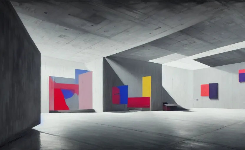 Image similar to painting of interior shot of a white concerete brutalist contemporary art museum with abstract colourful paintings hanging on the wall by darek zabrocki and greg ruthkowski, cinematic and cold atmospheric, archillect concept art, artstation, trending on artstation