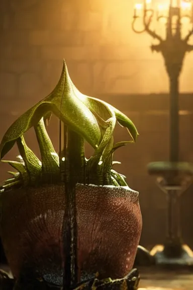 Image similar to very very intricate photorealistic photo of a piranha plant in an episode of game of thrones, photo is in focus with detailed atmospheric lighting, award - winning details