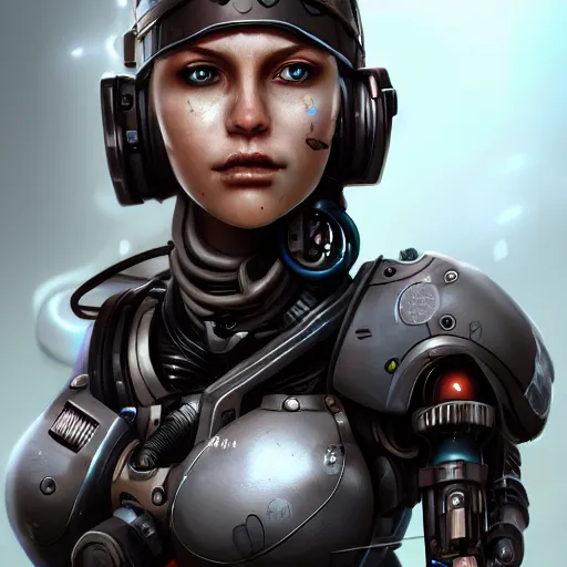 Prompt: beautiful female cyborg, full round face, short smile, full body, post apocalyptic setting, medium shot, mid-shot, highly detailed, trending on Artstation