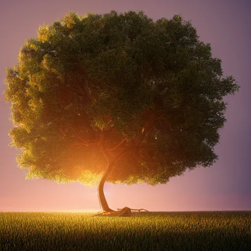 Prompt: a serene landscape with a powerful ( tree ) of life in the middle, volumetric illumination, octane render, cinematic lightning, 8 k