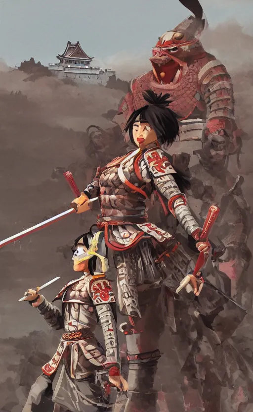 Image similar to portrait of a yari ashigaru clashing with the enemy, japanese castle in the background, concept art, artstation, stunning, shogun era, matte, by professional concept artist, hayao miyazaki, ilya kuvshinov, realistic human anatomy, realistic army, realistic weapons, low saturation, small eyes