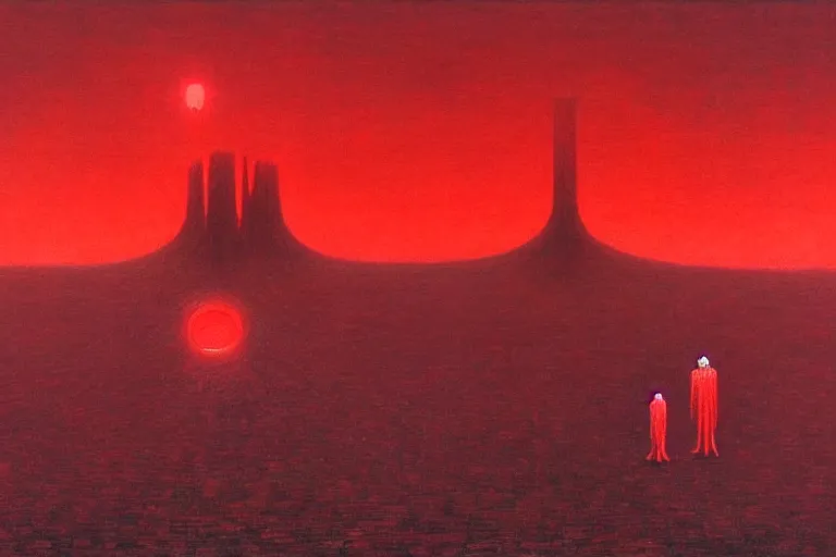 Image similar to only with red, a red god of death eat apple, a futuristic city on mars in background, an ancient path, pathos, in the style of beksinski, part by hopper, part by rodcenko, part by hofbauer, intricate composition, red by caravaggio, insanely quality, highly detailed, masterpiece, red light, artstation