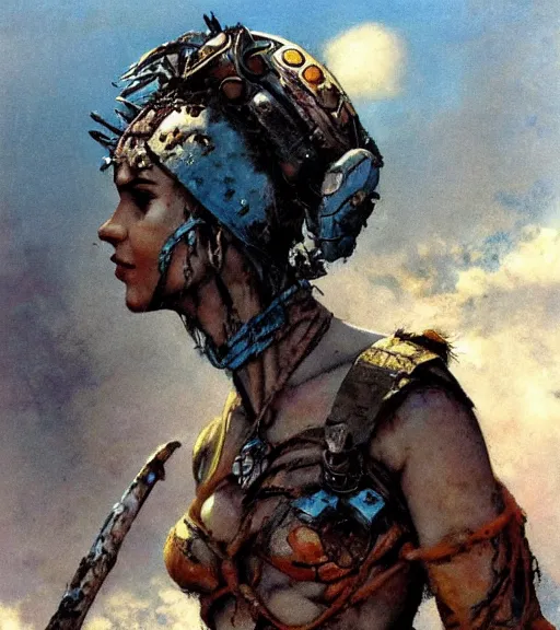 Prompt: mighty princess of the wasteland, scrap metal headdress, damaged building, strong line, deep color, cloudy sky, beautiful! coherent! by brom, by frank frazetta,