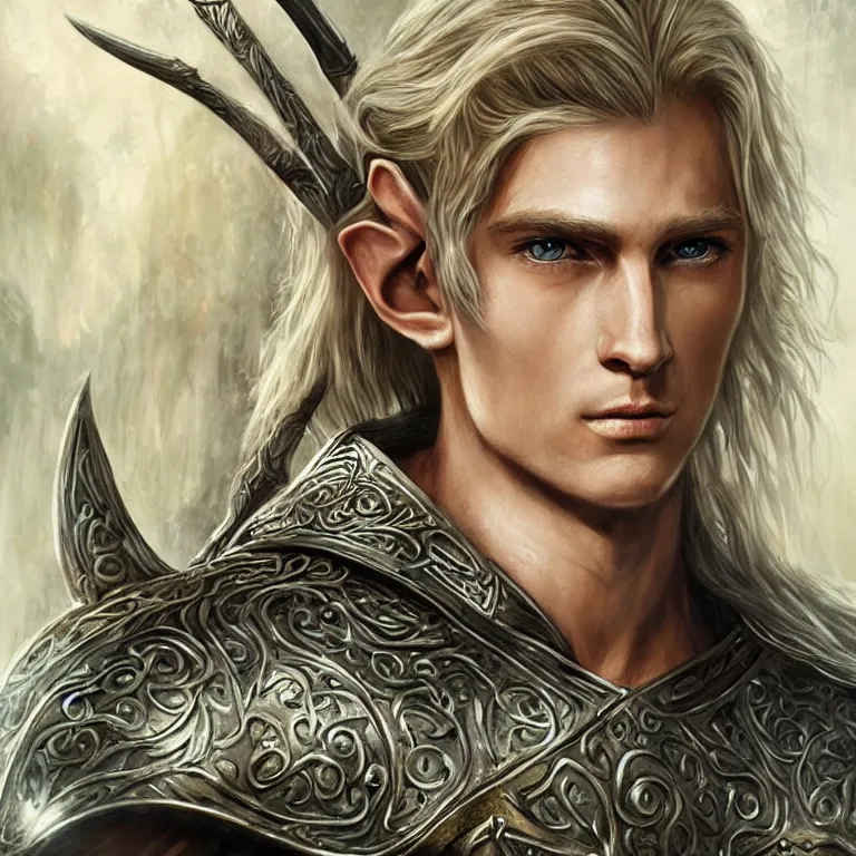 Image similar to elvish blonde male warrior, lord of the rings style, realistic, full body, fantasy, elvish, sharp focus, 8 k high definition, insanely detailed, intricate, elegant, art by stanley lau and artgerm