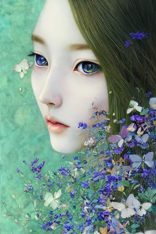Prompt: breathtaking Female Portrait by Miho Hirano, realistic, detailed, blue, green tonalities, beautiful collage technique including flora, branches, birds, butterflies, ornate background, an amalgamation of leaves and flowers, beautiful Fantasy detailed trending on artstation, oil painting, Dramatic lighting, ethereal high quality print, fine art with subtle redshift rendering